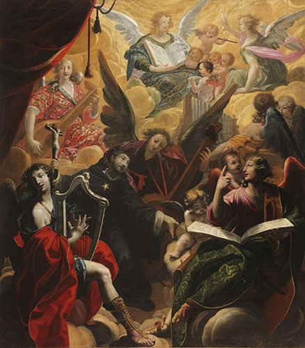 Tableau repésentant Saint Nicolas de Tolentino bercé par le concert des anges. Cette peinture a été réalisée par le moine Augustin Ambroise Frédeau, en 1650.