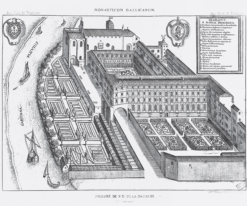 Gravure représentant le prieuré Notre-Dame de la Daurade au 17e siècle.