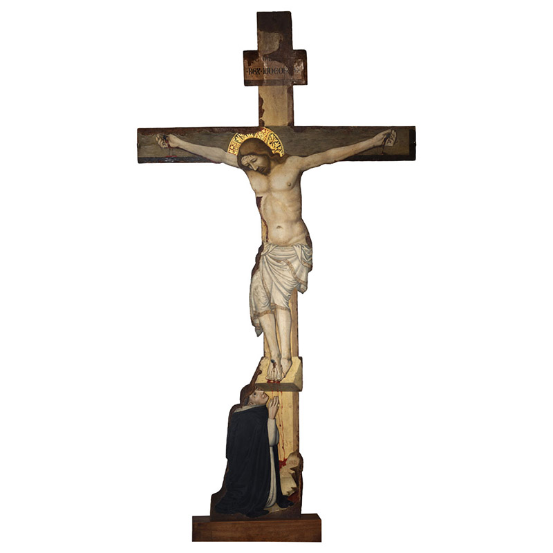 Face d'un panneau double-face peint sur une toile collée sur une structure en bois représentant le Christ sur la croix et à ses pieds un personnage priant. Il s'agit de l'orant du cardinal Guilhem Peire Godin.