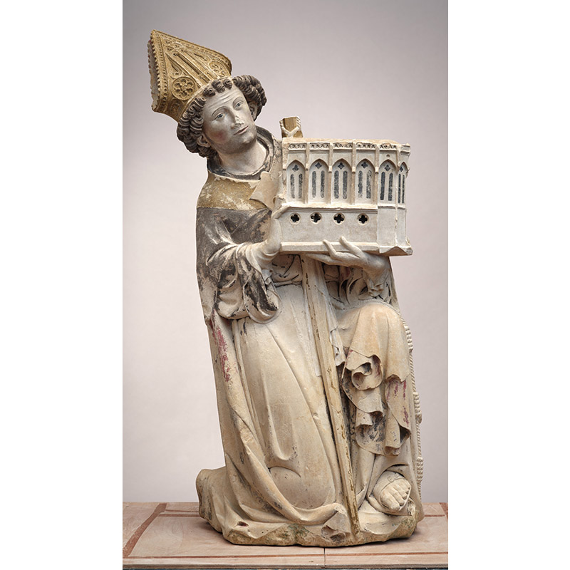 Statue en pierre calcaire polychrome représentant Jean Tissendier, évêque de Rieux-Volvestre, agenouillé et tenant une reproduction miniature de la chapelle des cordeliers.