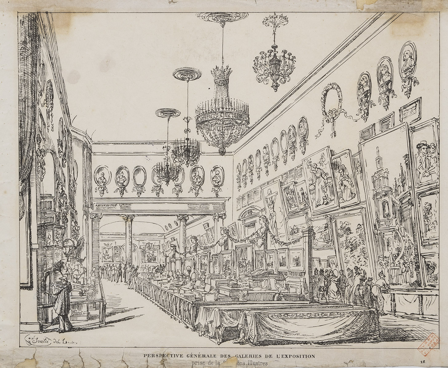 Gravure représentant une vue de l'Exposition des produits des Beaux-Arts et de l'industrie àToulouse dans les Galeries du Capitole, en1840.