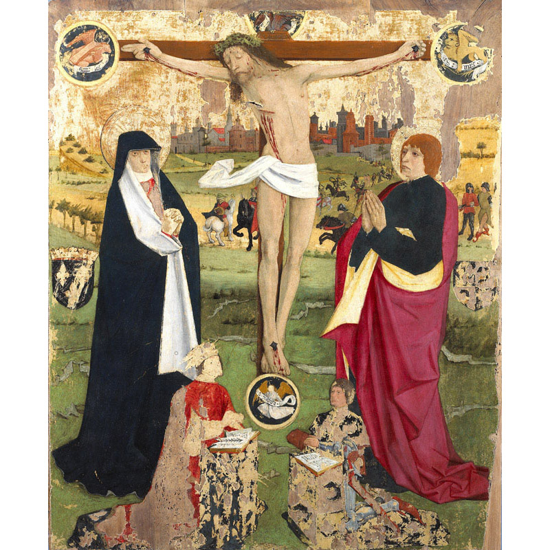 Tableau peint sur un panneau en bois de noyer, représentant Christ en croix entre la Vierge, saint Jean et les donateurs présumés : le roi Charles VII et le Dauphin.