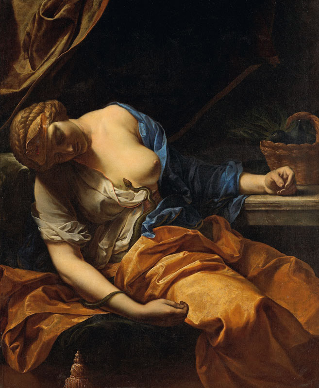 Tableau d'Antoine Rivalz représentant Cléopâtre assise, morte après avoir été piquée par un serpent (représenté sur sa poitrine). Sa tête est penchée sur son épaule droite. Elle est vétue d'une étoffe bleu sur son épaule gauche et d'une étoffe jaune-ocre sur ses jambes. Cette œuvre est datée entre 1700 et 1715.
